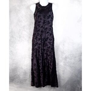 Vintage Y2K Fairy Goth Dress Womens Medium Purple Satin Floral Flocked Maxi